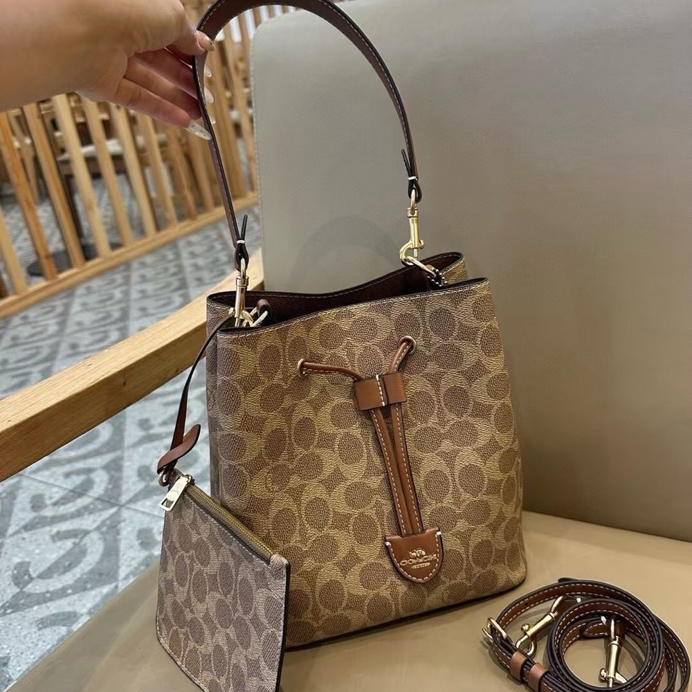 Coach Brown Signature Monogram Bucket Shoulder Bag with Removable Pouch